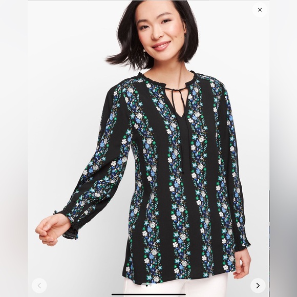Talbots Tie Neck Smocked Floral Black Popover Top Size-Large - Picture 1 of 7